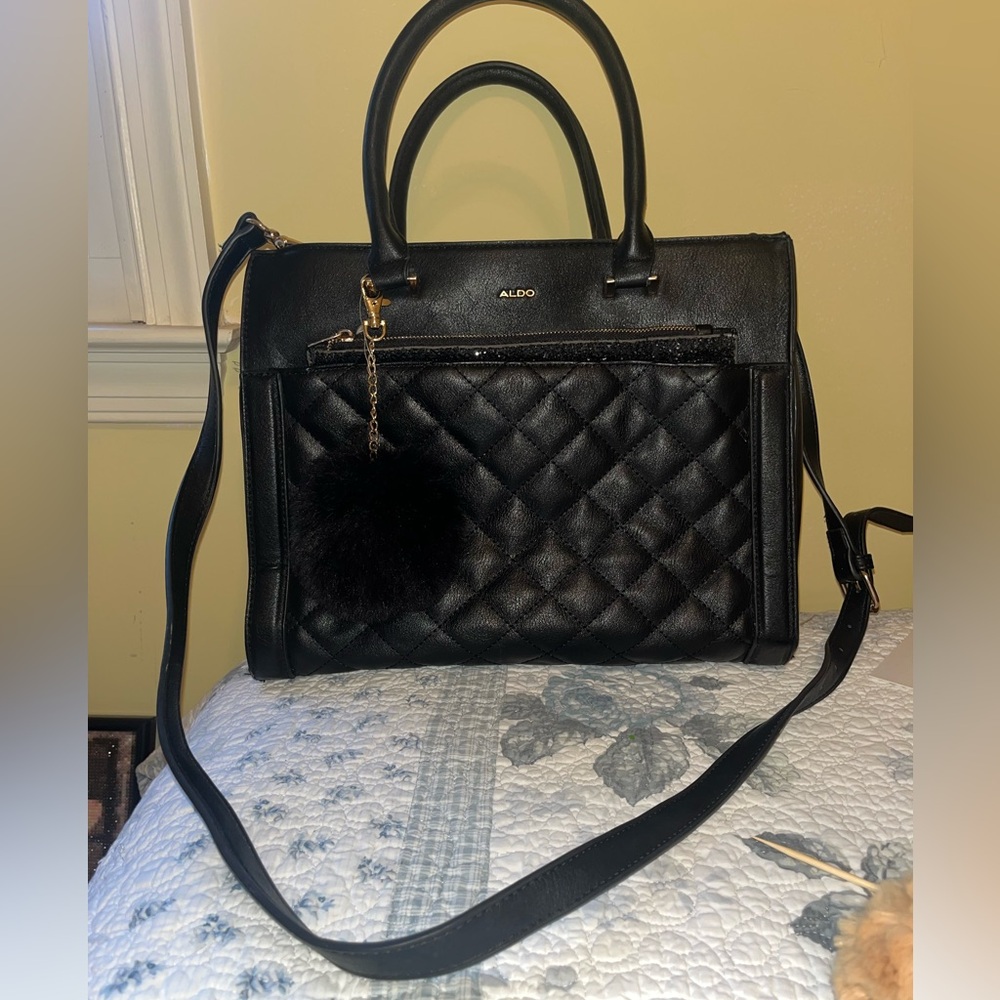 Aldo Women’s Black Quilted Tote with Pom-Pom Charm & Sparkly Wristlet